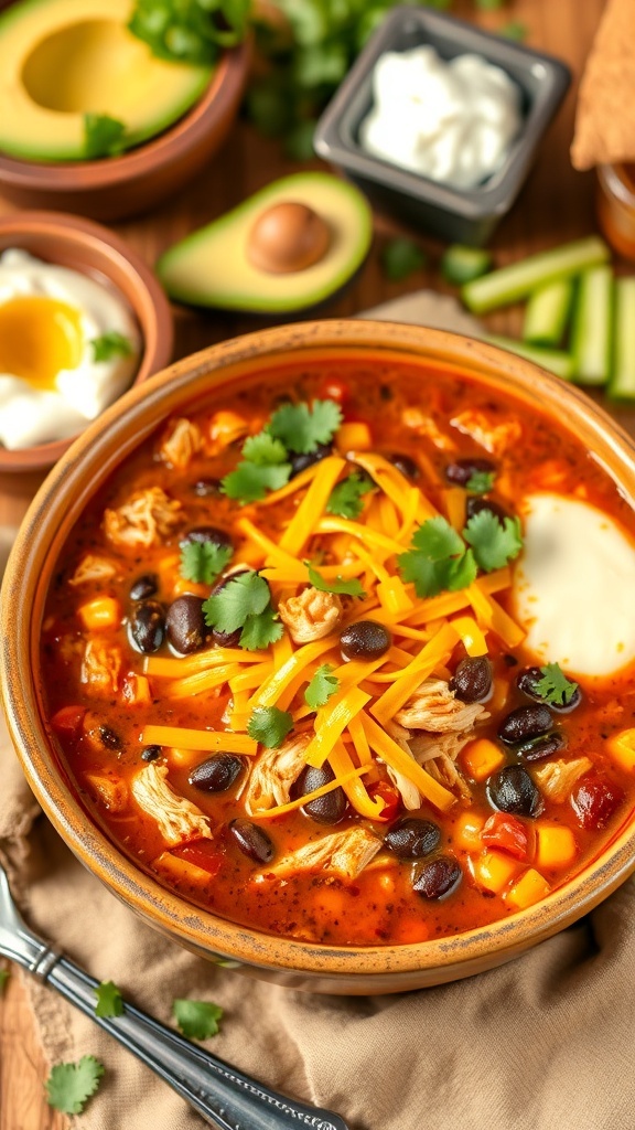 A bowl of Chicken Enchilada Soup with chicken, black beans, corn, garnished with cheese and cilantro.